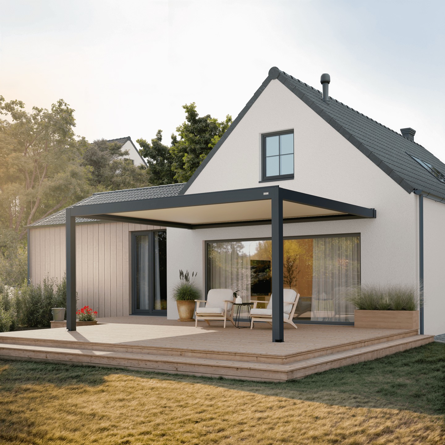 The same terrace with an Ombra wall-mounted louvered pergola installed