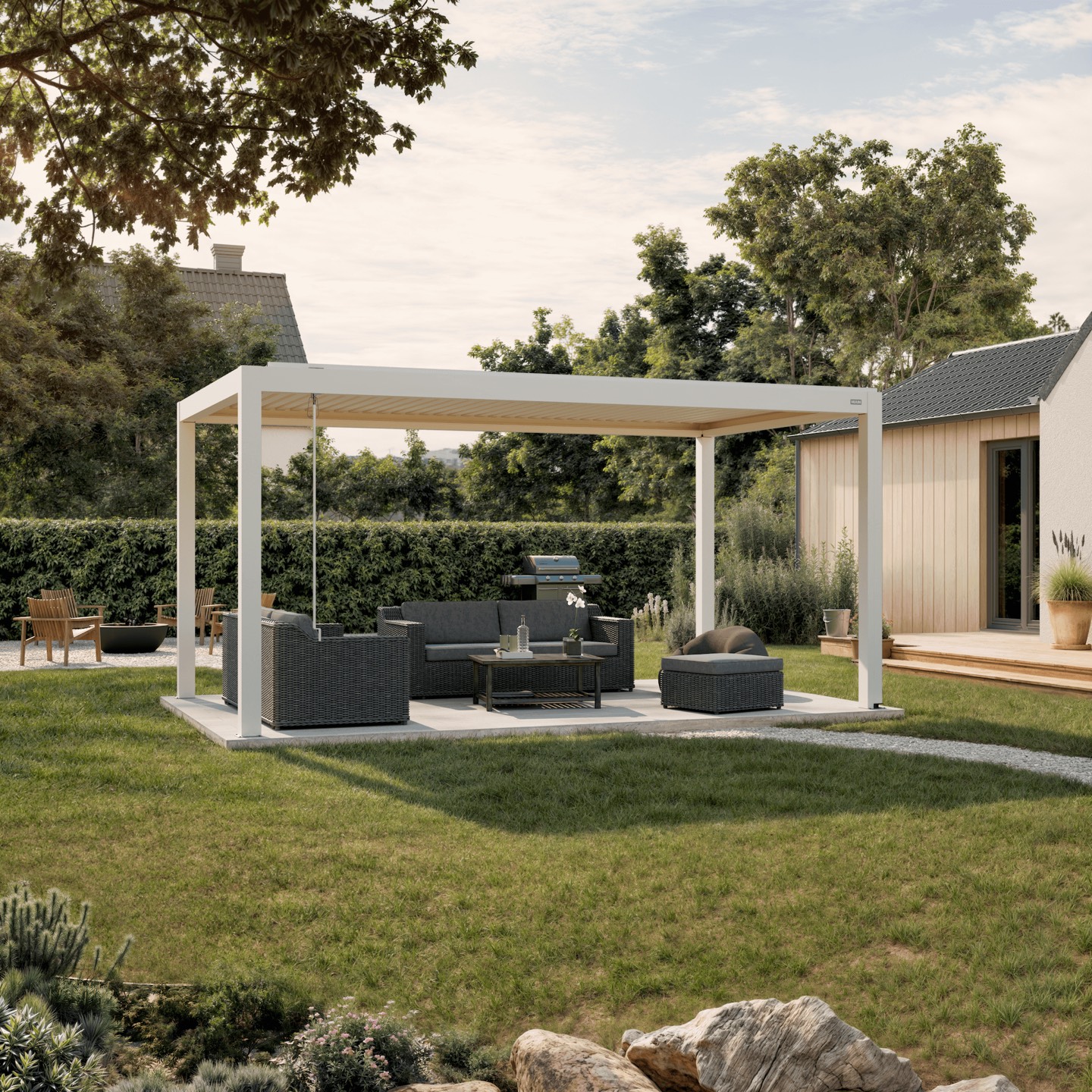 White Pergola Piano louvered pergola with the louvers tilted open above a compact lounge terrace